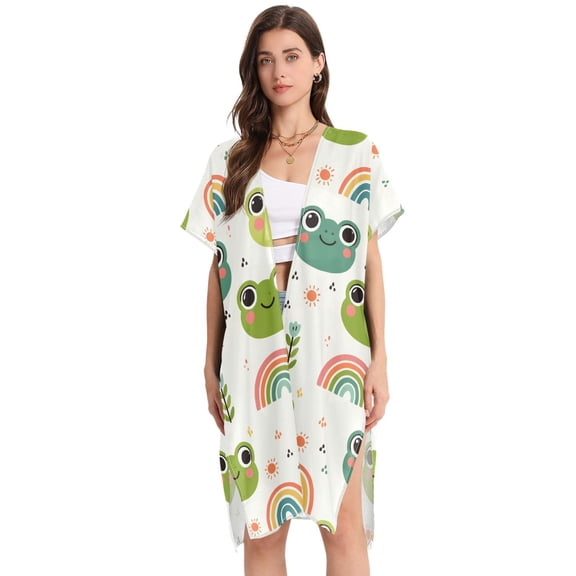 Beach Vacation Clothes Kimono Cardigan Loose Swimsuit Cover Up for Women Cute Frog Head and Rainbow M