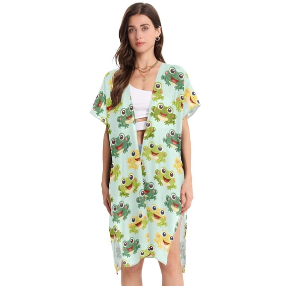 Beach Vacation Clothes Kimono Cardigan Loose Swimsuit Cover Up for Women Cute Happy Frogs M