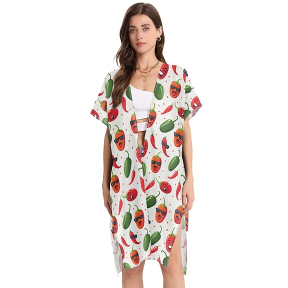 Beach Vacation Clothes Kimono Cardigan Loose Swimsuit Cover Up for Women Cute Peppers L