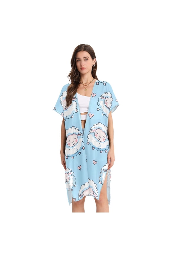Beach Vacation Clothes Kimono Cardigan Loose Swimsuit Cover Up for Women Cute Sheep and Heart M