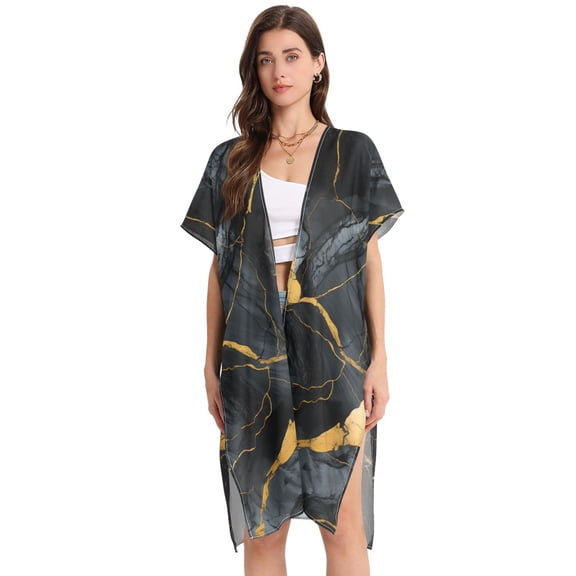 Beach Vacation Clothes Kimono Cardigan Loose Swimsuit Cover Up for Women Dark and Light Black Marble L