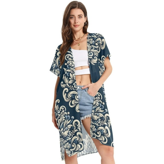 Beach Vacation Clothes Kimono Cardigan Loose Swimsuit Cover Up for Women Elegant Floral Flower S