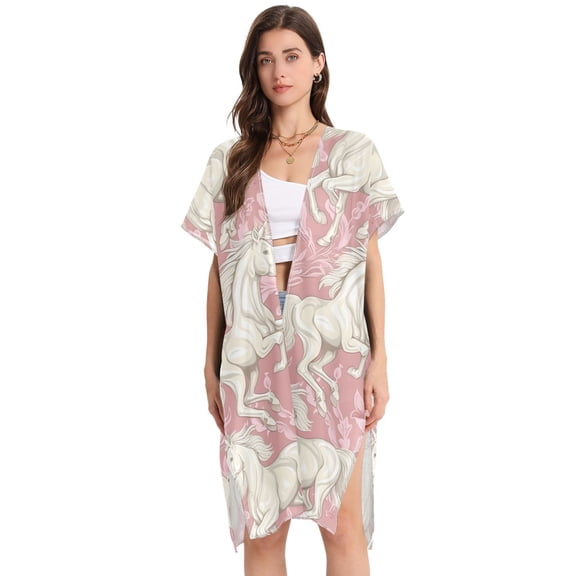 Beach Vacation Clothes Kimono Cardigan Loose Swimsuit Cover Up for Women Elegant Horse with Flower M