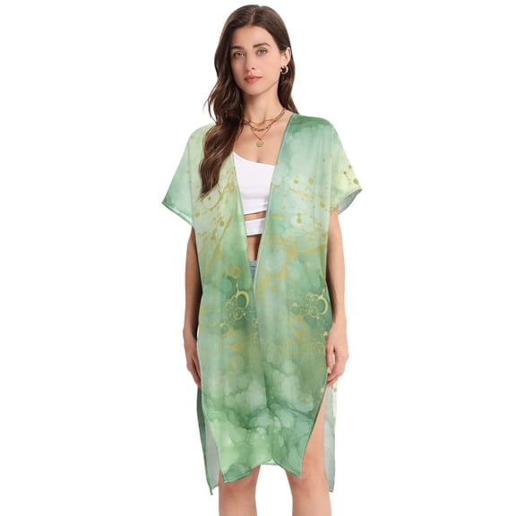Beach Vacation Clothes Kimono Cardigan Loose Swimsuit Cover Up for Women Emerald Green and Gold Marble L