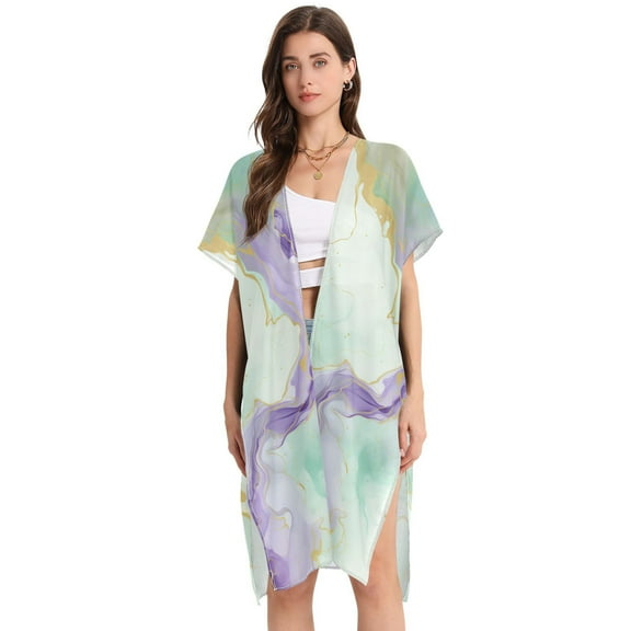 Beach Vacation Clothes Kimono Cardigan Loose Swimsuit Cover Up for Women Emerald Green and Purple Marble M