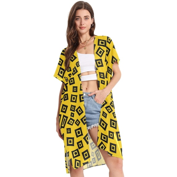 Beach Vacation Clothes Kimono Cardigan Loose Swimsuit Cover Up for Women Fall Squares S