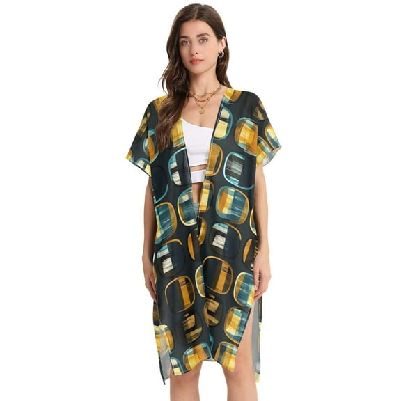 Beach Vacation Clothes Kimono Cardigan Loose Swimsuit Cover Up for Women Fashion Digital Glass Windows L