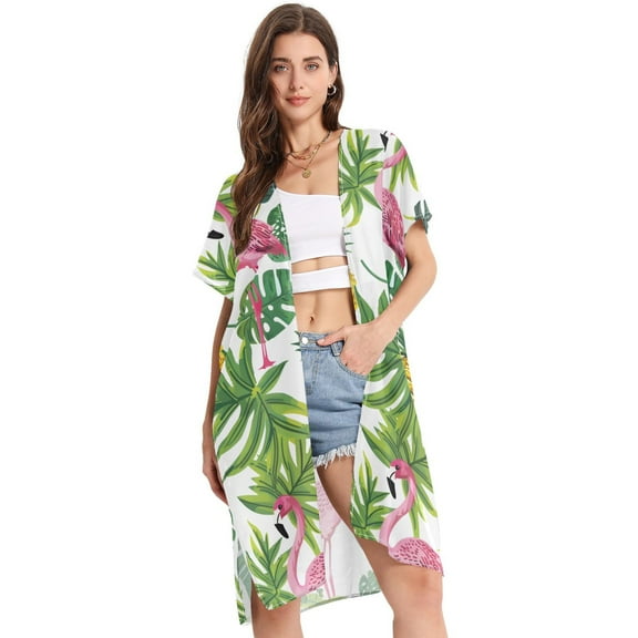 Beach Vacation Clothes Kimono Cardigan Loose Swimsuit Cover Up for Women Flamingo Pineapple Leaf S