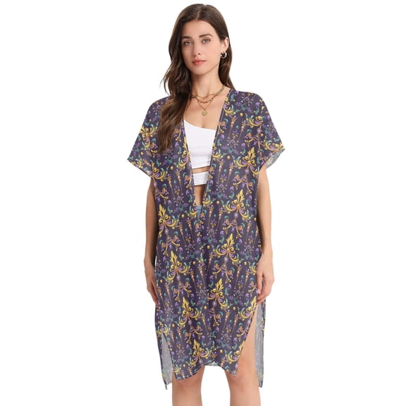 Beach Vacation Clothes Kimono Cardigan Loose Swimsuit Cover Up for Women Fleur De Lis and Beads L