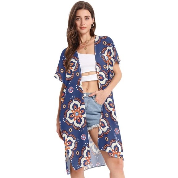 Beach Vacation Clothes Kimono Cardigan Loose Swimsuit Cover Up for Women Folk Art Arabesque S