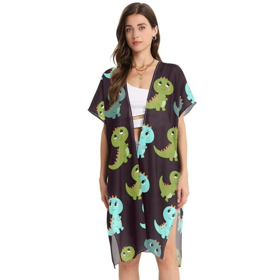 Beach Vacation Clothes Kimono Cardigan Loose Swimsuit Cover Up for Women Funny Dinosaur M