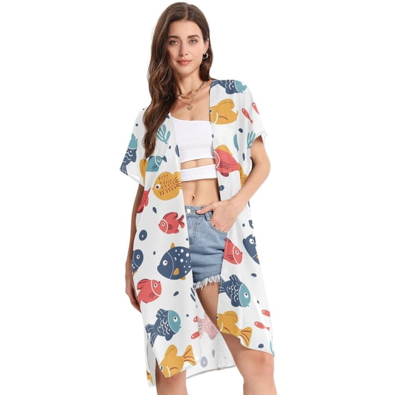 Beach Vacation Clothes Kimono Cardigan Loose Swimsuit Cover Up for Women Funny Fishes and Coral S