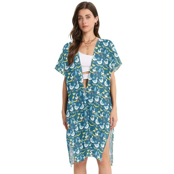 Beach Vacation Clothes Kimono Cardigan Loose Swimsuit Cover Up for Women Goose on Scooter and Fruit L