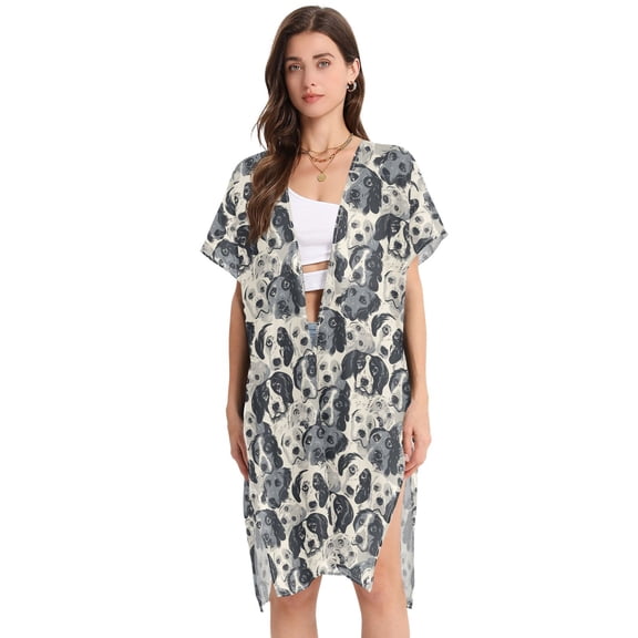 Beach Vacation Clothes Kimono Cardigan Loose Swimsuit Cover Up for Women Hand Drawn Dogs M