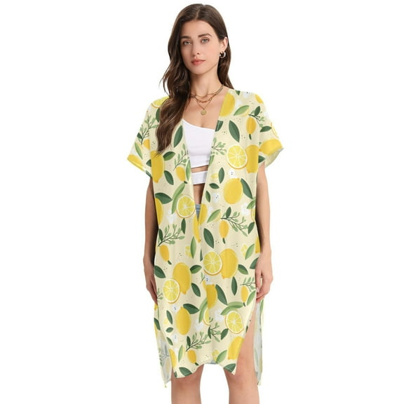 Beach Vacation Clothes Kimono Cardigan Loose Swimsuit Cover Up for Women Hand Drawn Lemons L