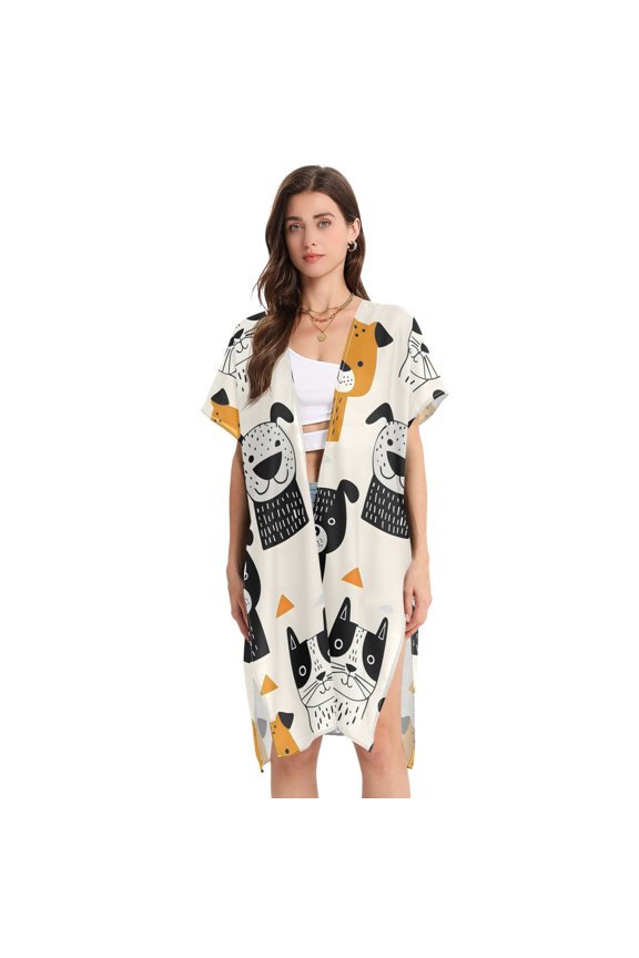 Beach Vacation Clothes Kimono Cardigan Loose Swimsuit Cover Up for Women Hand Paint Dogs M