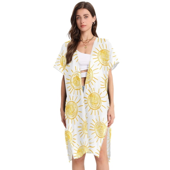 Beach Vacation Clothes Kimono Cardigan Loose Swimsuit Cover Up for Women Hand-draw Sun L