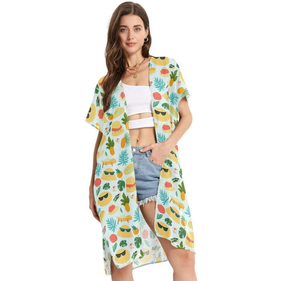 Beach Vacation Clothes Kimono Cardigan Loose Swimsuit Cover Up for Women Hat Sunglasses Leaf Pineapple S