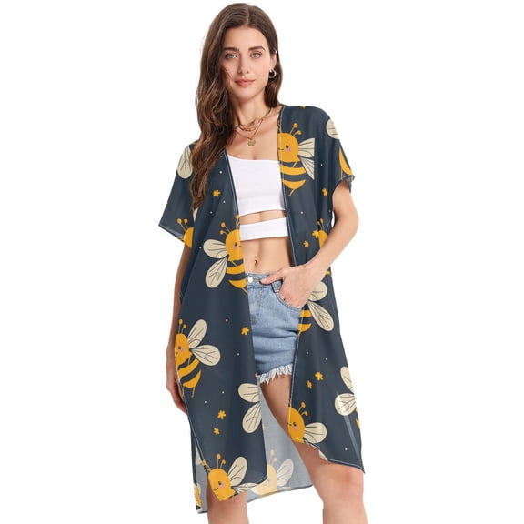 Beach Vacation Clothes Kimono Cardigan Loose Swimsuit Cover Up for Women Honey Bee and Star S