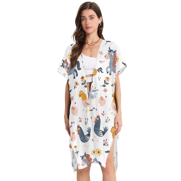 Beach Vacation Clothes Kimono Cardigan Loose Swimsuit Cover Up for Women Horse Cow Chicken Bird L