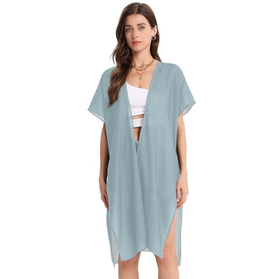 Beach Vacation Clothes Kimono Cardigan Loose Swimsuit Cover Up for Women Ice Blue M