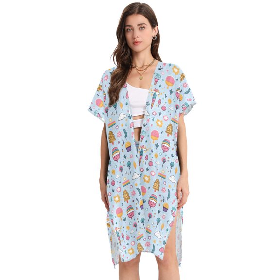 Beach Vacation Clothes Kimono Cardigan Loose Swimsuit Cover Up for Women Ice Cream and Tree L