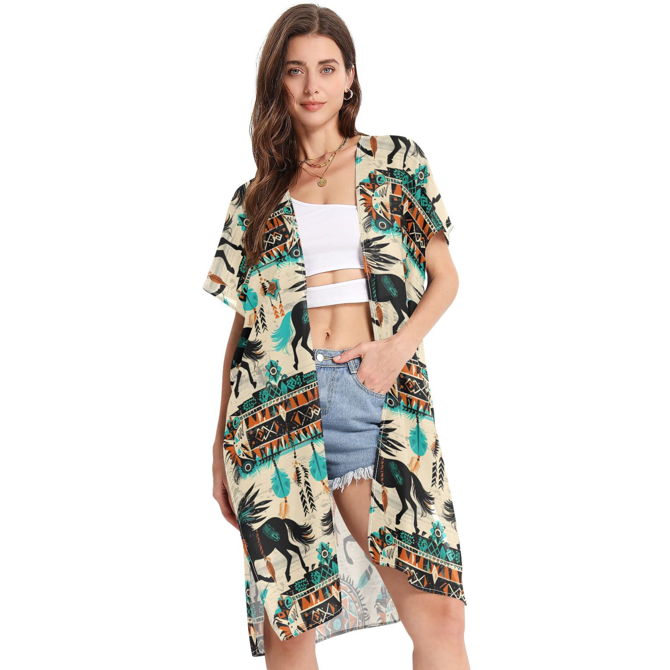 Eddoyee Women's Ethnic Print Kimono Cardigans - Stylish Beach Cover Up