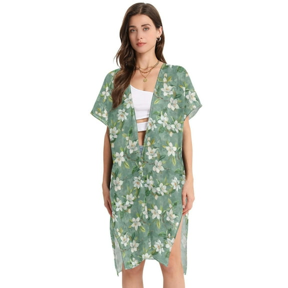 Beach Vacation Clothes Kimono Cardigan Loose Swimsuit Cover Up for Women Jasmine Blossoms with Leaves M
