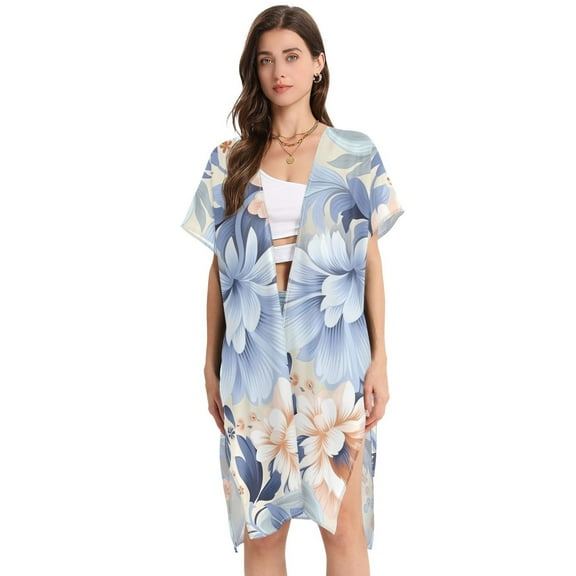 Beach Vacation Clothes Kimono Cardigan Loose Swimsuit Cover Up for Women Large Watercolor Flower L