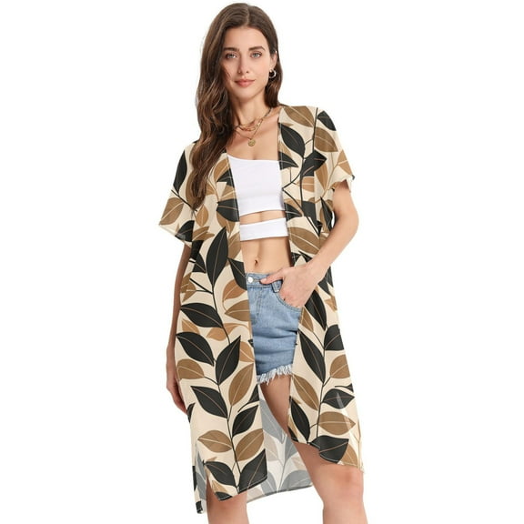 Beach Vacation Clothes Kimono Cardigan Loose Swimsuit Cover Up for Women Leaves S