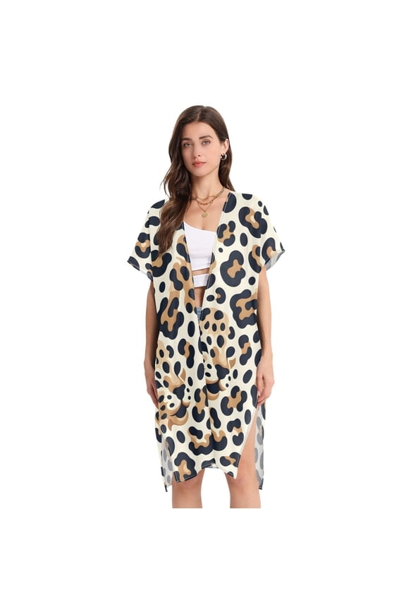Beach Vacation Clothes Kimono Cardigan Loose Swimsuit Cover Up for Women Leopard Face and Leopard Spot L