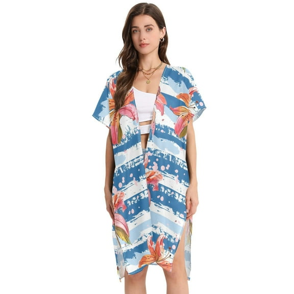 Beach Vacation Clothes Kimono Cardigan Loose Swimsuit Cover Up for Women Lily Flowers on Stripe L