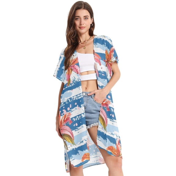 Beach Vacation Clothes Kimono Cardigan Loose Swimsuit Cover Up for Women Lily Flowers on Stripe S