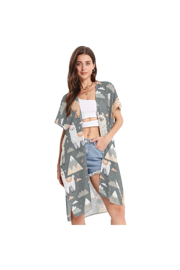 Beach Vacation Clothes Kimono Cardigan Loose Swimsuit Cover Up for Women Llamas and Mountains S