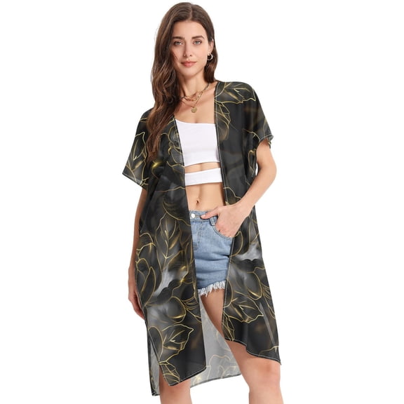 Beach Vacation Clothes Kimono Cardigan Loose Swimsuit Cover Up for Women Luxury Black Rose S