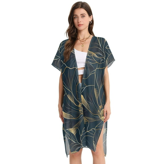 Beach Vacation Clothes Kimono Cardigan Loose Swimsuit Cover Up for Women Luxury Rose Flower Outline L