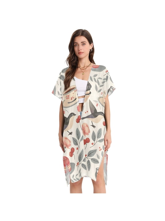 Beach Vacation Clothes Kimono Cardigan Loose Swimsuit Cover Up for Women Macaroon Cupcakes Tea Flower Birds M