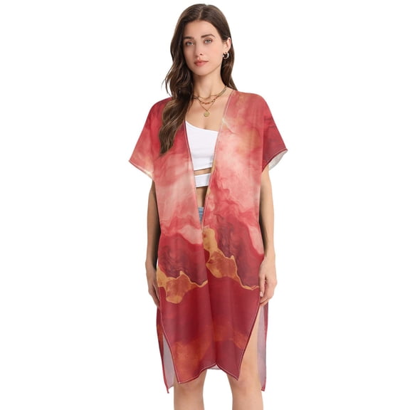 Beach Vacation Clothes Kimono Cardigan Loose Swimsuit Cover Up for Women Magenta Red Marble M