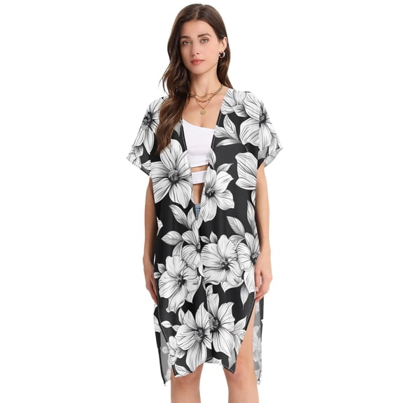 Beach Vacation Clothes Kimono Cardigan Loose Swimsuit Cover Up for Women Magnolia Floral Flowers and Leaf L