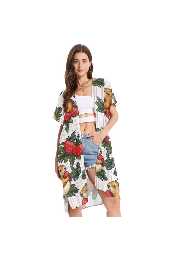 Beach Vacation Clothes Kimono Cardigan Loose Swimsuit Cover Up for Women Marmot with Strawberry S