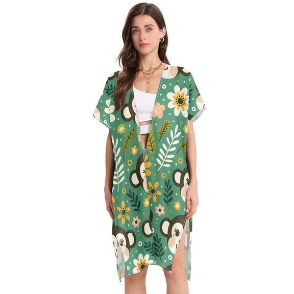 Beach Vacation Clothes Kimono Cardigan Loose Swimsuit Cover Up for Women Monkey Faces Flowers Dots M