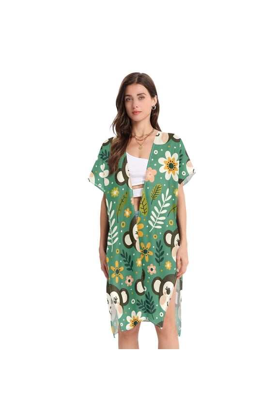 Beach Vacation Clothes Kimono Cardigan Loose Swimsuit Cover Up for Women Monkey Faces Flowers Dots M