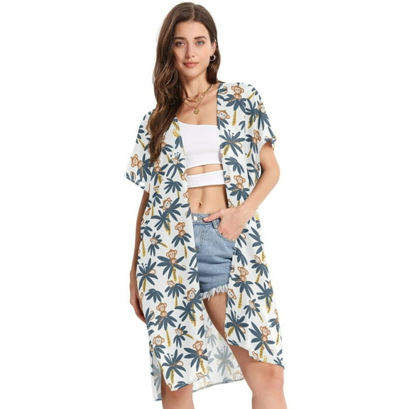 Beach Vacation Clothes Kimono Cardigan Loose Swimsuit Cover Up for Women Monkey on Tree S