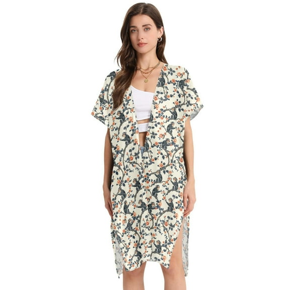 Beach Vacation Clothes Kimono Cardigan Loose Swimsuit Cover Up for Women Monkeys on Branches with Flowers M