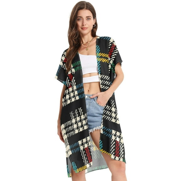 Beach Vacation Clothes Kimono Cardigan Loose Swimsuit Cover Up for Women Multicolored Scottish Tartan S