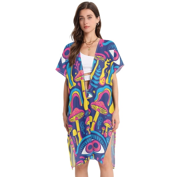 Beach Vacation Clothes Kimono Cardigan Loose Swimsuit Cover Up for Women Neon Colors Mushroom and Eye M