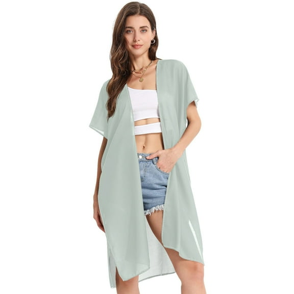 Beach Vacation Clothes Kimono Cardigan Loose Swimsuit Cover Up for Women Pale Green S