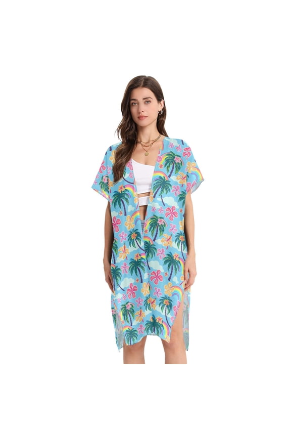 Beach Vacation Clothes Kimono Cardigan Loose Swimsuit Cover Up for Women Palm Tree Flower Rainbow M