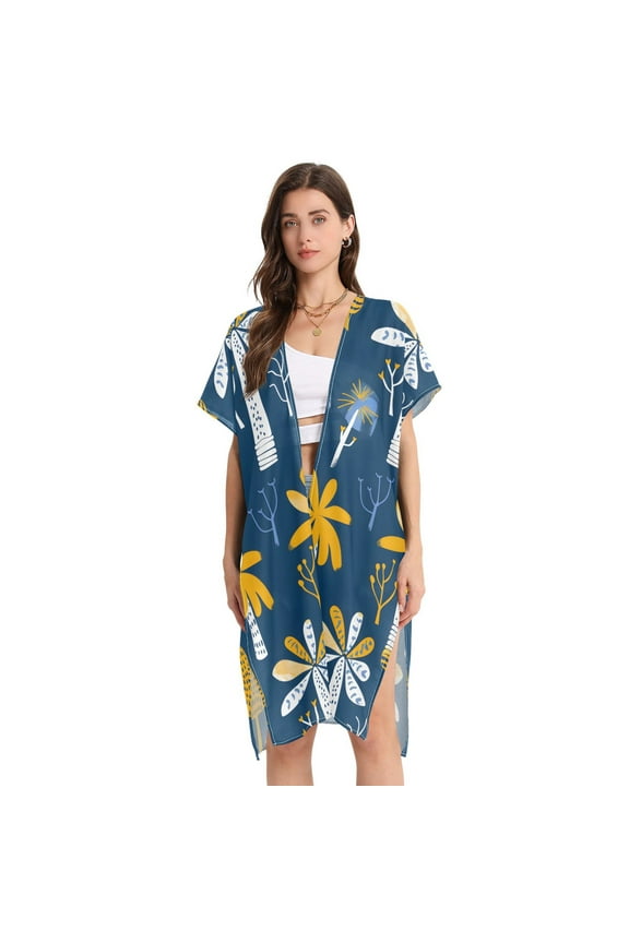 Beach Vacation Clothes Kimono Cardigan Loose Swimsuit Cover Up for Women Palm Trees and Plants M