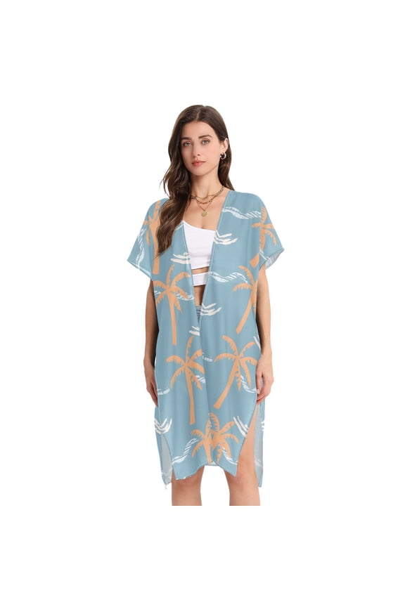 Beach Vacation Clothes Kimono Cardigan Loose Swimsuit Cover Up for Women Palm Trees and Wave M